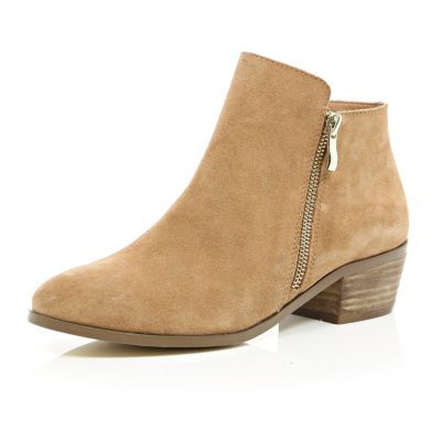 Beige suede zip side ankle boots